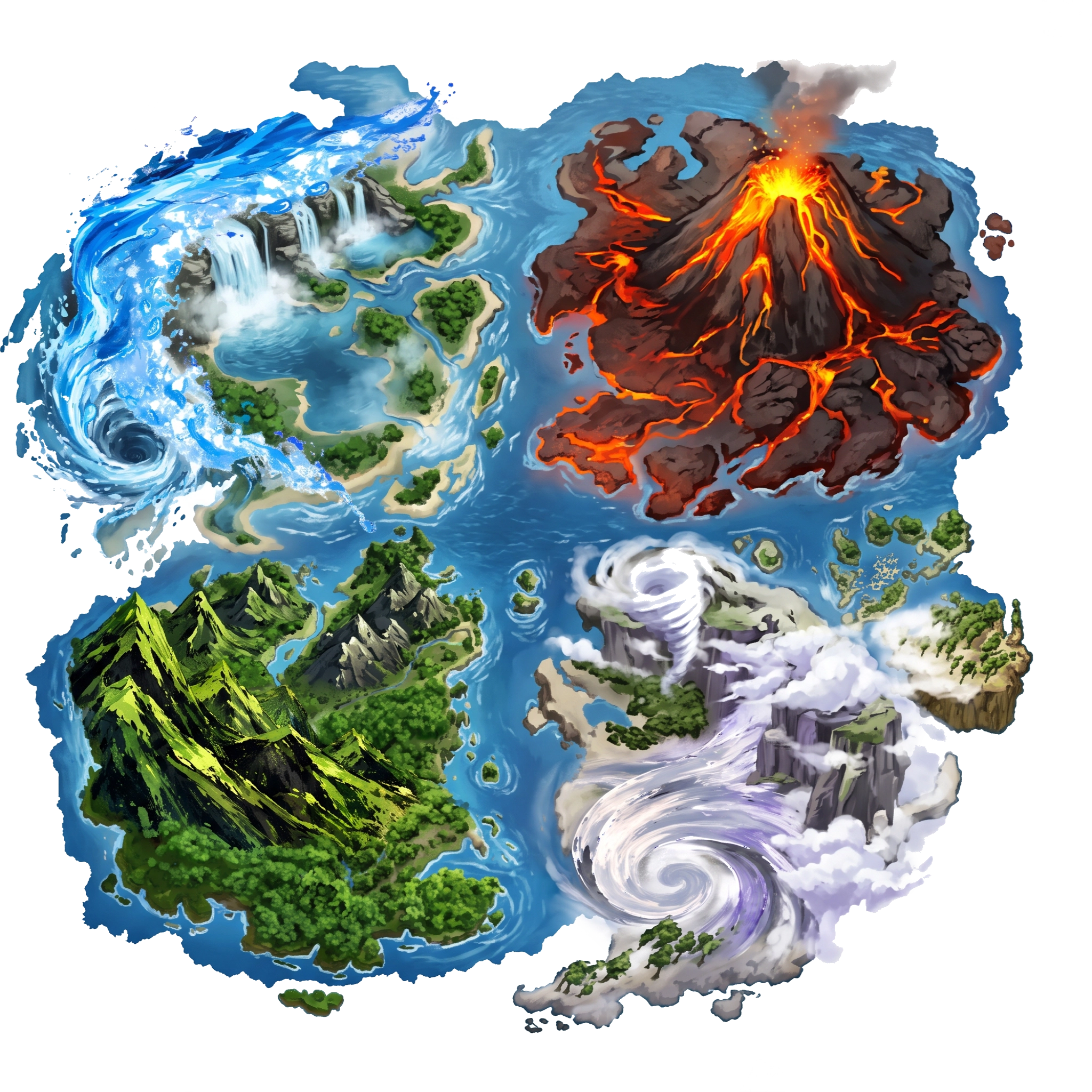 Map of the four realms: water, fire, earth and air